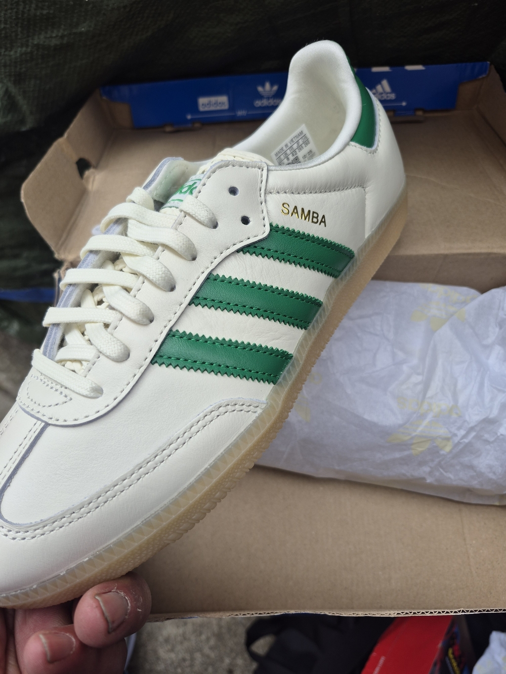 Adidas Samba Men’s Sneakers - White with Green Stripes - Picture 2 of 7